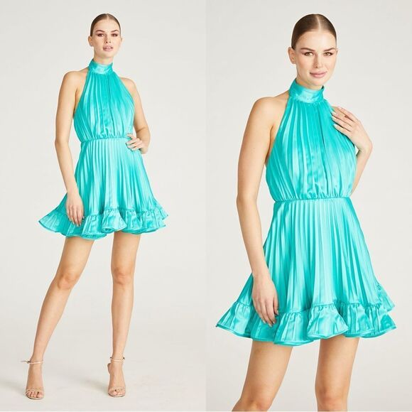 NWT $498 AMUR Amiri Pleated Halter Mini in “Atlantis” /Teal - Picture 1 of 13